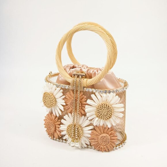 ⚡ Women's Brown White Flower Shaped Rhinestone Metallic Bucket Crossbody Bag - Picture 8 of 8